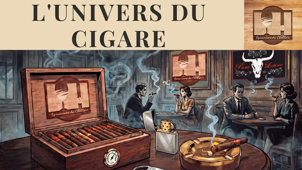 Illustration : humidor ouvert, coupe-cigare et briquet dans un salon de dégustation